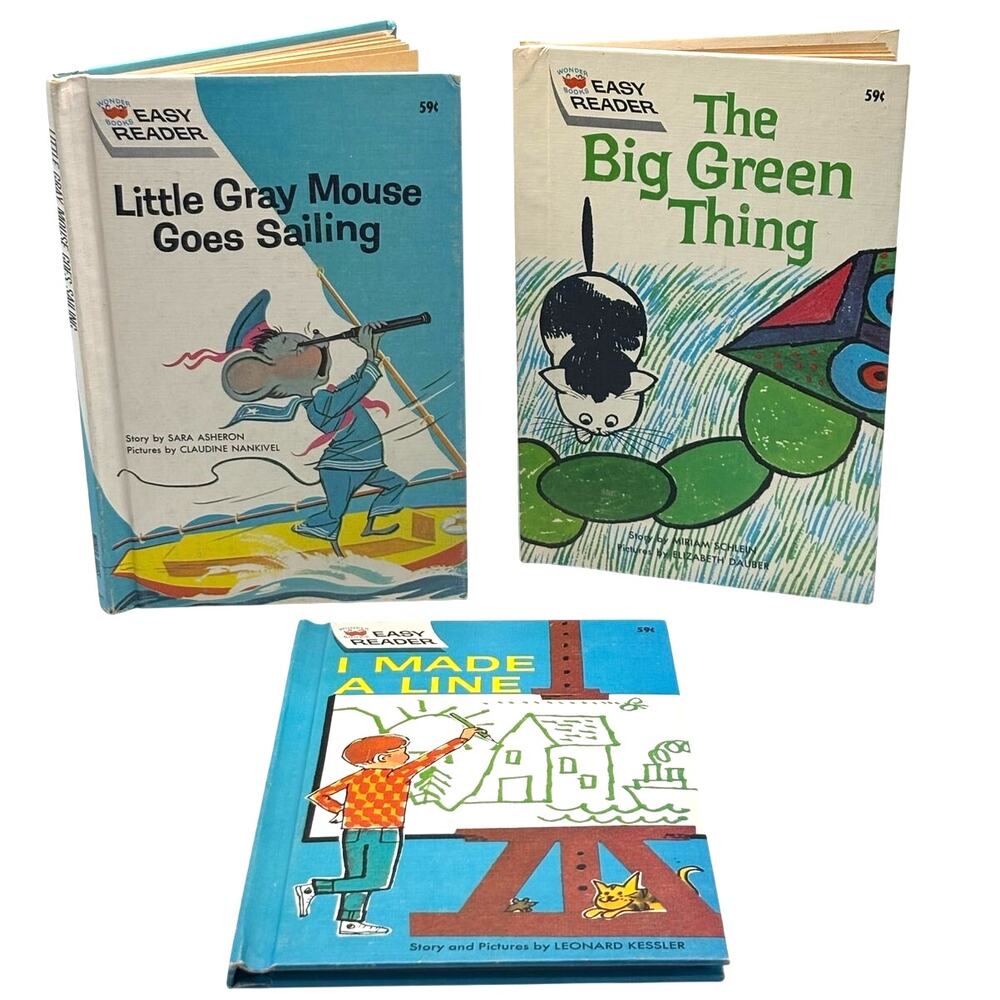 3 Vintage Easy Reader Wonder Books, Line, Green Thing, Gray Mouse, Hardcover